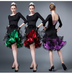 Red black green fuchsia patchwork middle long sleeves ruffles skirts women's ladies female competition performance ballroom latin dance dresses